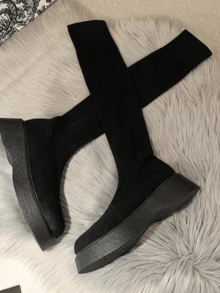 Over-The-Knee Stretchy Sock Boots For Women With Wedge Heel & Chunky Sole, Slimming Thigh High Boots, Boots For Autumn & Winter - Black - View 4