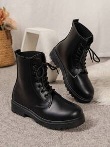 女性摩托車靴2023秋季新款平底復古扣帶踝靴韓國時尚靴 - 黑色 - 查看 4