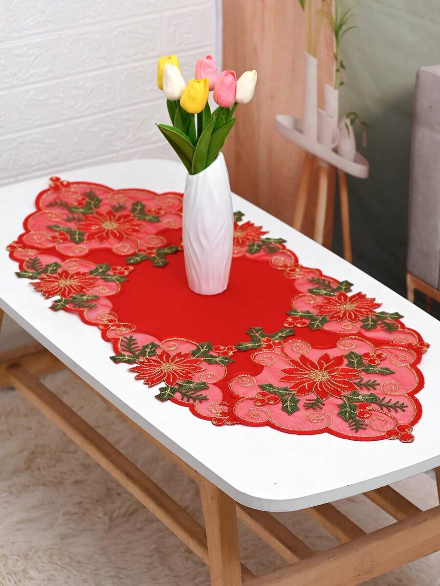 1片聖誕節花卉桌墊,紅色聚酯灰絲織物料矩形尖頭盤墊,繡花蕾絲和水溶漩渦圖案,節慶和日常使用 - 紅色 - 查看 1