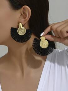 1pair Metallic Tassel Earrings Suitable For Daily Wear - Black - View 1