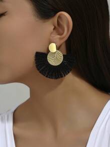 1pair Metallic Tassel Earrings Suitable For Daily Wear - Black - View 2