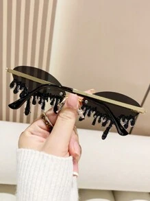 1副无框金属镜架手工切割水钻派对及舞蹈时尚眼镜，沙滩配饰，万圣节沙滩配饰，女士眼镜，基础款時尚眼鏡，秋冬季女士服装，商务休闲装，夏季海滩度假、户外、旅行礼物，学院风返校季 - 灰色 - 查看 2