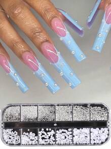 FULL BEAUTY 1 盒白色珍珠银色金属珠美甲装饰镀铬金属设计 3D 饰品美甲配件 DIY 美甲宝石美甲用品指甲