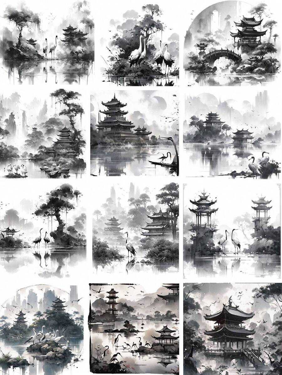 50 cái Ink Phong cảnh & Ngành kiến ​​​​trúc Mẫu Retro Hình dán - Nhiều màu - Xem 1