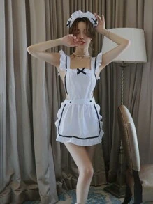 Ning xue yan ying 3件套女仆COSPLAY性感睡衣，包括開襟連衣裙，T型褲和女仆帽 - 白色 - 查看 5