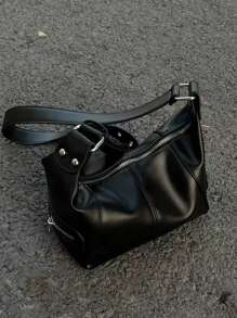 秋冬新品男女通用摩托車包斜挎肩包,防水輕便,純色,縫合細節 - 黑色 - 查看 3