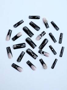24Pcs Long Square Press On Nails Butterfly French False Nails Charms And Rhinestones Black Nails With 1 Piece Jelly Glue And 1 Piece File - Multicolor - View 3