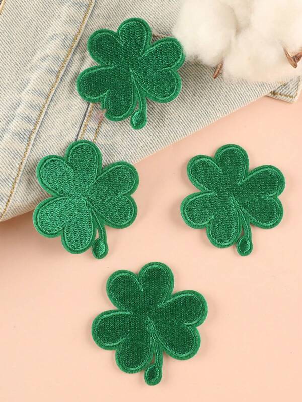 Embroidery Iron-On Patches Set Of 4, Clover Design For Diy Clothes, Pants, Hats, Bags, Shoes, Phone Cases, Decorative Patches For Garment Accessories