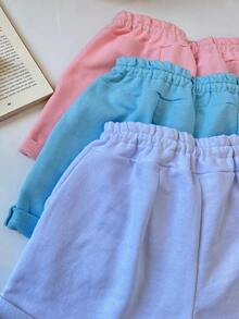 Kit De 3 Piezas De Pantalón Corto De Molleton Femenino Básico Con Cuerda Para Uso Diario Muy Cómoda - Azul y blanco - Ver 2