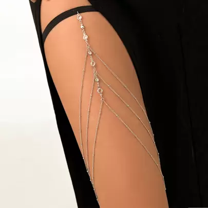 1 件多层腿链，带水钻串珠链，金色/银色性感身体链，适合狂欢