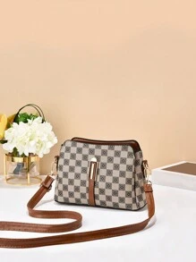 复古休闲多层几何图案 PU 皮革女士单肩包，带多个口袋，适合女孩、女士、新人和办公室工作人员，特别适合工作、商务和通勤 - 彩色 - 查看 1