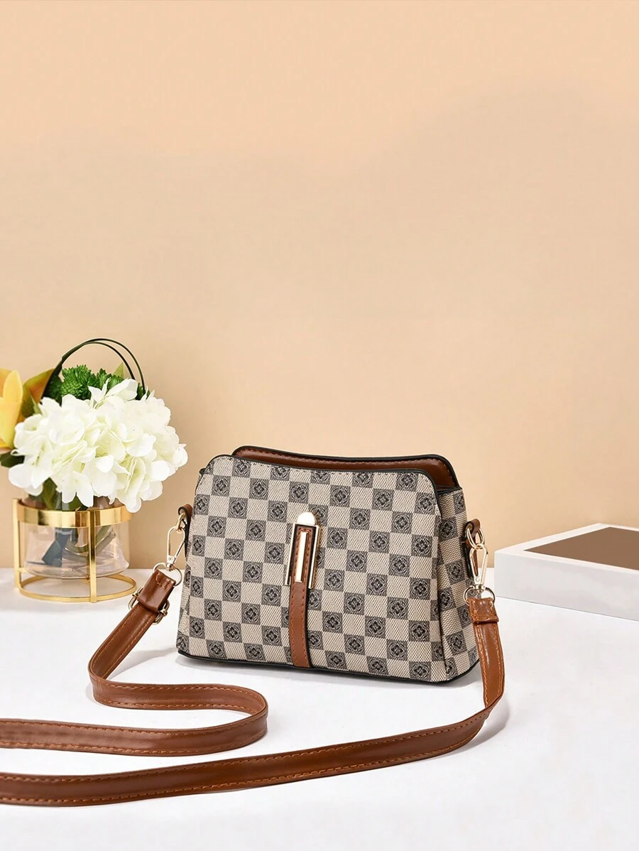 复古休闲多层几何图案 PU 皮革女士单肩包，带多个口袋，适合女孩、女士、新人和办公室工作人员，特别适合工作、商务和通勤 - 彩色 - 查看 1