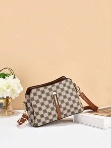 复古休闲多层几何图案 PU 皮革女士单肩包，带多个口袋，适合女孩、女士、新人和办公室工作人员，特别适合工作、商务和通勤 - 彩色 - 查看 2