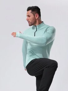 男款四分鍾拉鍊設計高彈性運動運動衫,健身服男士 - 綠色 - 查看 7