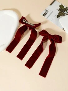 2pcs/Set Women's Simple Red Bow Hair Clip For Daily Use Cute Claw Clips Hair Slide Hair Barrettes - Burgundy - View 2