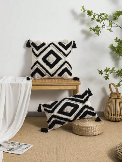 1pc/2pcs Set Boho Style Moroccan Tufted Throw Pillow Cover, Removable Ins Decorative Cushion Cover With Tassel For Home, Sofa, Car, Bedroom, Living Room, 12"X20", 18"X18"