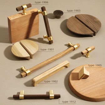 Yellow Wooden Cabinet Door & Drawer Handle, Japanese-style Modern And Minimalist, Made Of Birch Or American Walnut, Suitable For Nordic Wardrobe Etc.