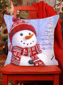 1pc Christmas Polyester Peach Skin Cushion Cover, Snowman Pattern Soft Pillowcase, Home Ornament Decorations For Christmas Party, Pillow Core Not Included - Multicolor - View 8
