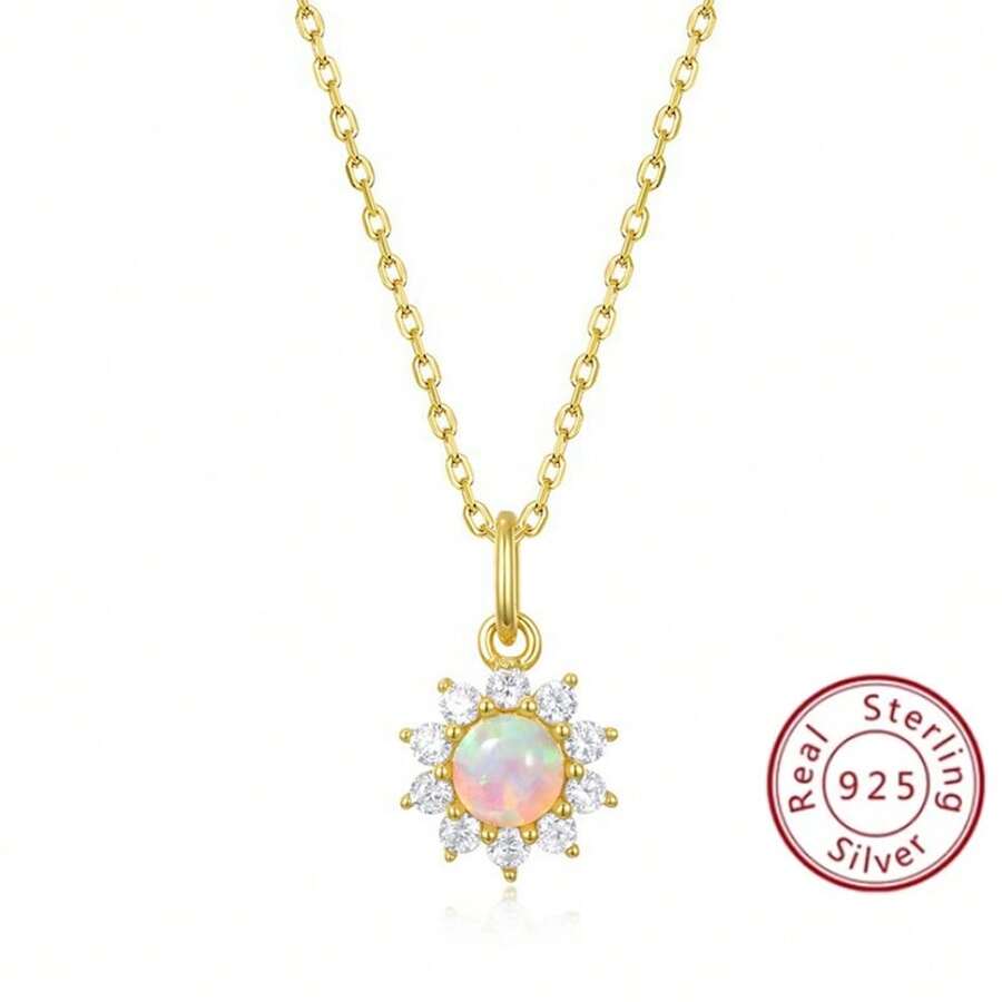 1件時尚奢華的向日葵造型吊墜項鍊,s925銀鑲嵌小蛋白石,適合女性在聚會、度假和紀念日時佩戴