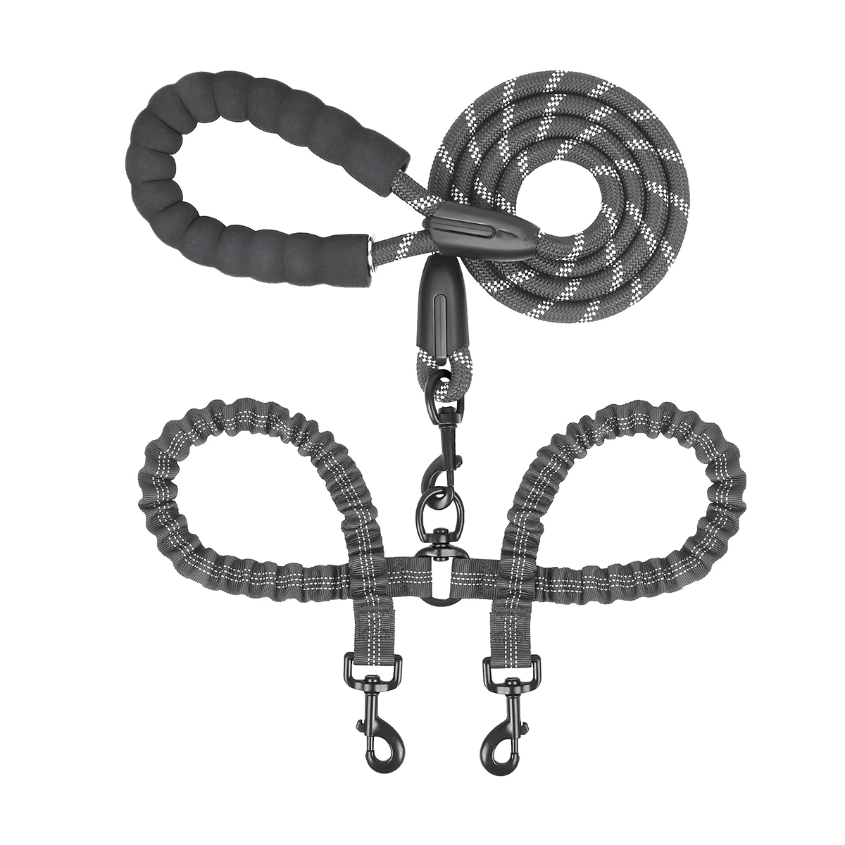 1 Đến 2 Giường đôi tiêu chuẩn Xích chó Với Phản chiếu Thiết kế , 5FT Đàn hồi Có thể thu vào Và Chống nổ Dây thừng , Thích hợp Đối với Hai Chó nhỏ - màu đen - Xem 1