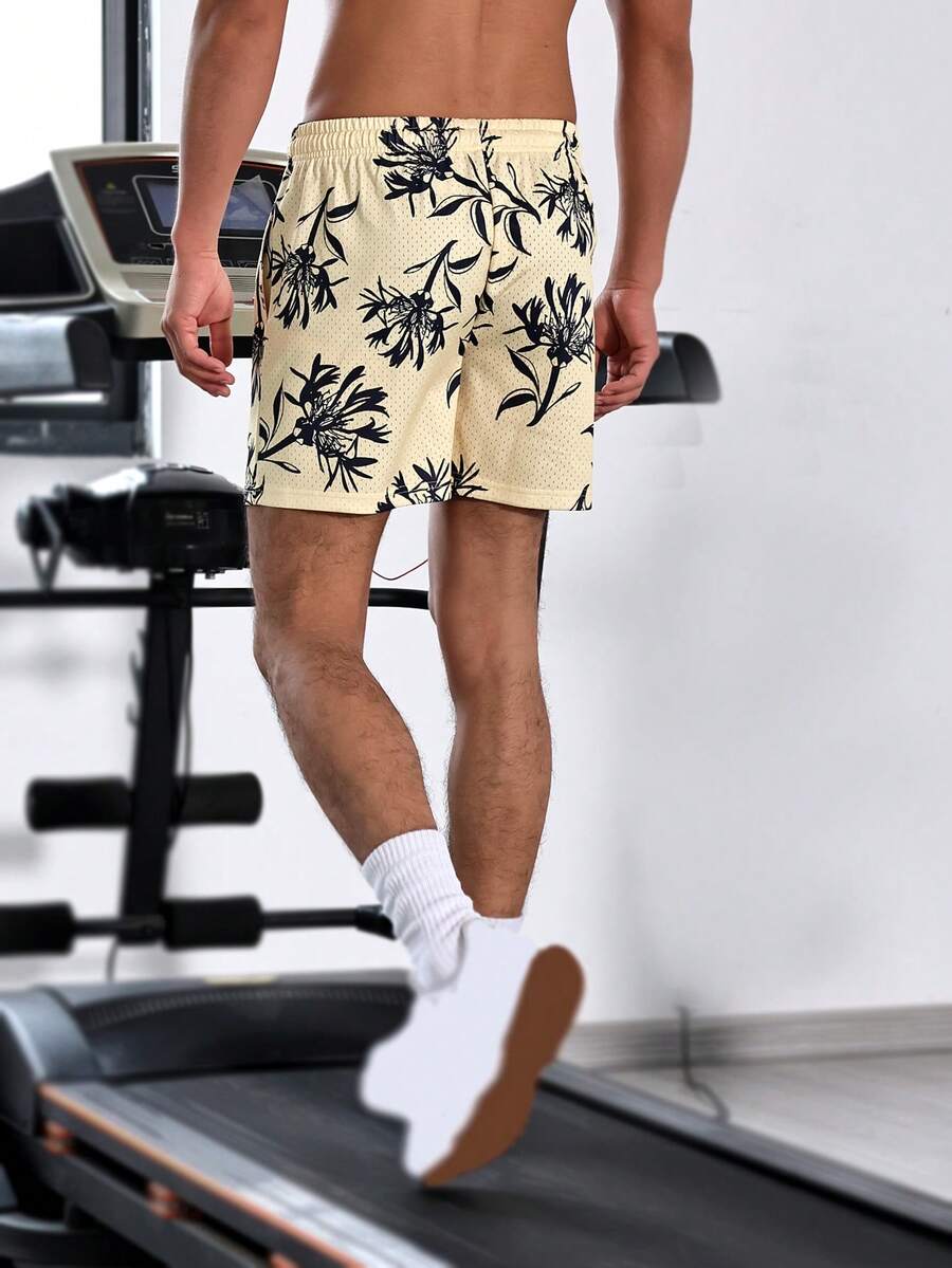 1 Pieza Pantalones Cortos Deportivos De Malla Estampados Para Hombres - Amarillo - Ver 1