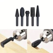 5pcs/set Carbon Steel Wood Carving File Set, Drill Bits, Suitable For Rotary Tool Diy Woodworking Wood Plastic Carving Polishing Grinding Shaping - Black - View 2