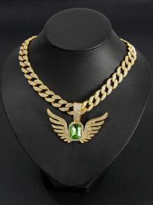 1pc Men's Rhinestone And Gemstone Decor Wing Pendant Necklace In Alloy, American Style - Dark Green - View 1