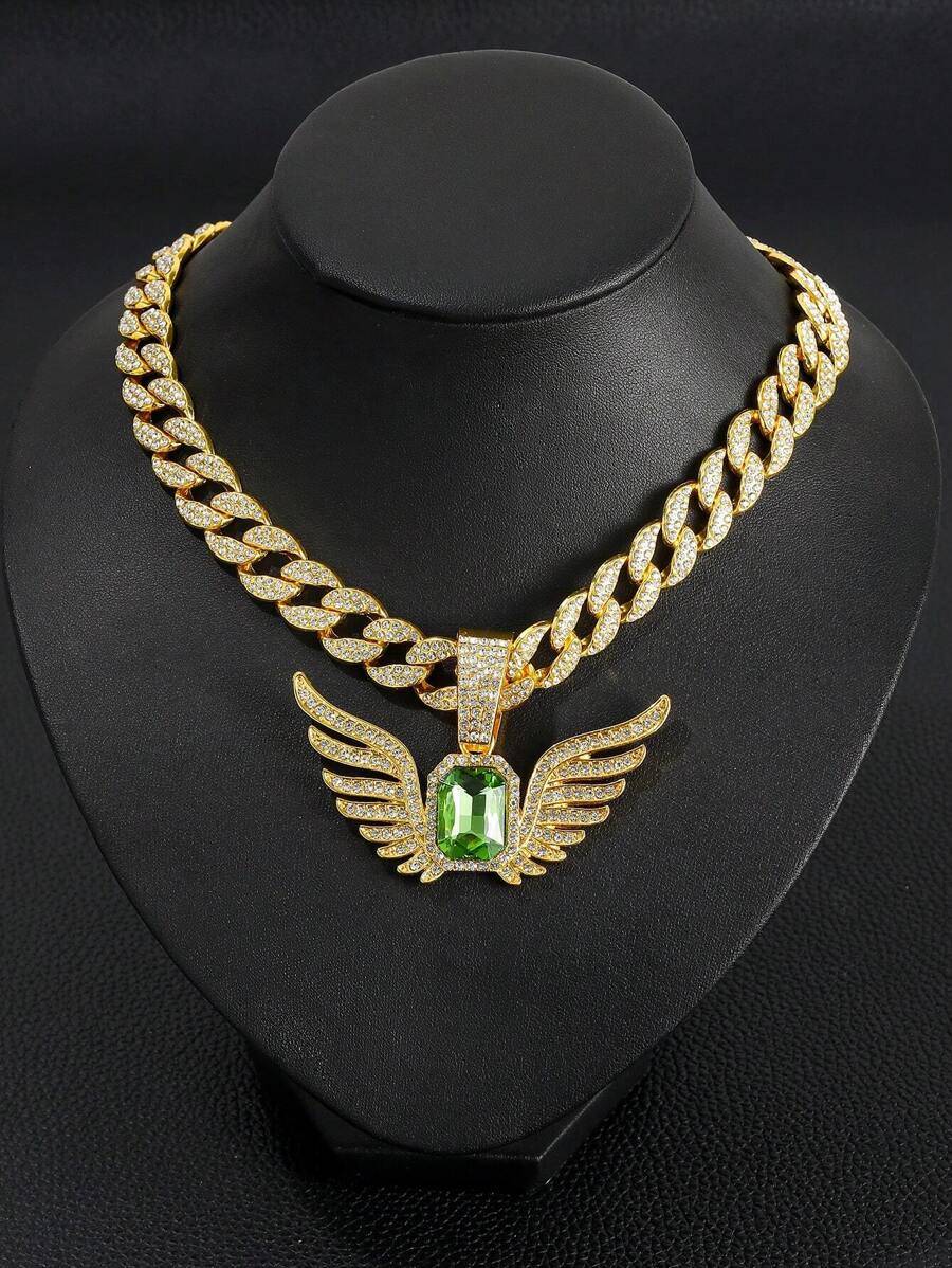 1pc Men's Rhinestone And Gemstone Decor Wing Pendant Necklace In Alloy, American Style - Dark Green - View 1