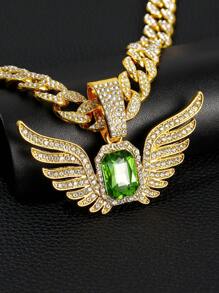 1pc Men's Rhinestone And Gemstone Decor Wing Pendant Necklace In Alloy, American Style - Dark Green - View 5