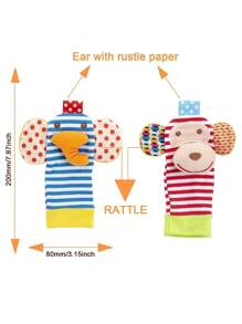 4件套柔軟嬰兒手腕鈴鐺和腳尋找襪組，加上毛絨絨填充的嬰兒玩具，0/3/4/6/7/8/9/12/18個月的男女新生兒出生禮物，4種可愛的動物（有些部件可能是隨機的） - 彩色 - 查看 3