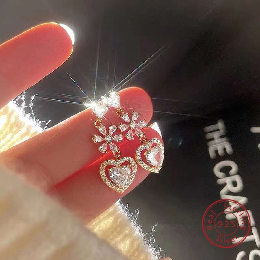 1雙心形,時尚設計師風格氧化鋯耳環,花樣首飾類適用於時尚女性