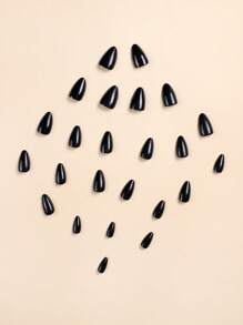 24入組短杏仁形固體黑色假指甲，附1pc指甲文件，1pc果凍凝膠按壓式假指甲美甲用品 - 黑色 - 查看 4