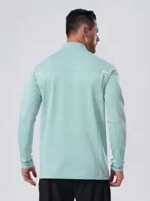 男款四分鍾拉鍊設計高彈性運動運動衫,健身服男士 - 綠色 - 查看 3