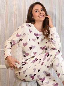 Conjunto de pijama calientita con estampado de corazones - Multicolor - Ver 1