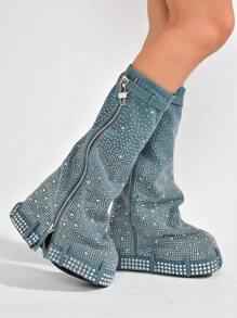 Kastel Women's Denim Rhinestone Rainbow Platform Boots - 藍色 - 查看 2