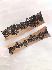 (Puedes usar pegamento para fijar el producto en las medias para su uso) 1 par de medias de encaje para novia con accesorios de boda europeos y americanos, ligas sexys, anillos para piernas adecuados para decoración diaria y de boda del muslo, adecuados para una circunferencia de pierna entre 35-55cm, verano, playa - Negro - Ver 7
