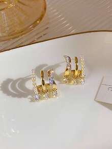 QTHOPE 1對時尚的三層u形珍珠耳環,適合女性日常佩戴 - 金黃色 - 查看 4