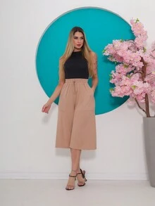Vibe Calça Feminina Capri Pantacourt Com Bolso - Bege - Visão 3