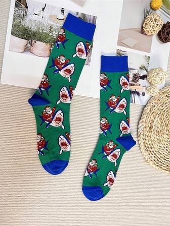 1pair Autumn Winter Warm Santa Claus Printed Men's Mid-calf Socks Christmas Gift