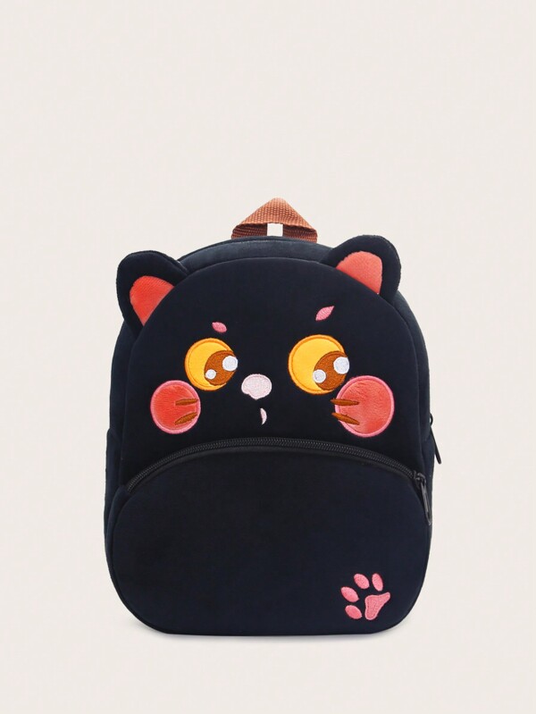 1pc Cartoon Black Cat Children's Backpack, Plush Material Zipper Shoulder Bag, Suitable For 2-4 Years Old Boys & Girls