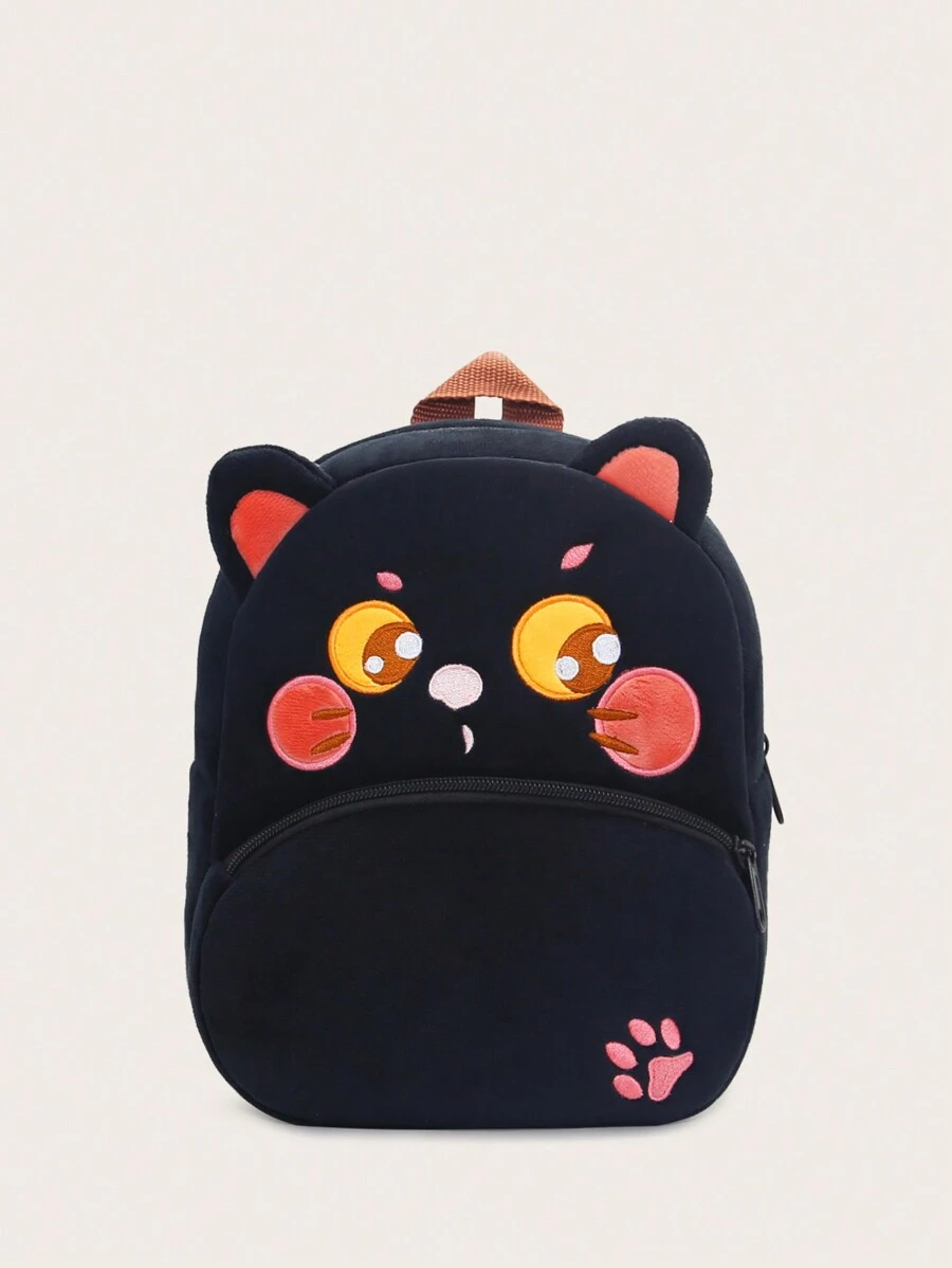 1pc Boys Girls Cartoon Black Cat Plush Backpack Zipper Closure Suitable For Autumn/Winter Daily Use - Black - View 1