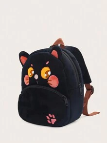 1pc Boys Girls Cartoon Black Cat Plush Backpack Zipper Closure Suitable For Autumn/Winter Daily Use - Black - View 4