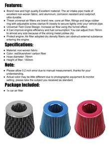 1PC 3 Inch High Flow Cold Air Intake Filter Induction Kit Sport Power Mesh Cone 76MM Car Air Filters Universal - carbon fiber color - View 3