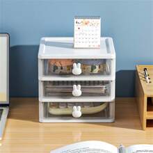 1pc Cartoon Desktop 3-layer Storage Box With Transparent Mini Drawers For Desk, Plastic Rabbit Shaped Stationery Organizer - 3 layers white + gray rabbit - View 4