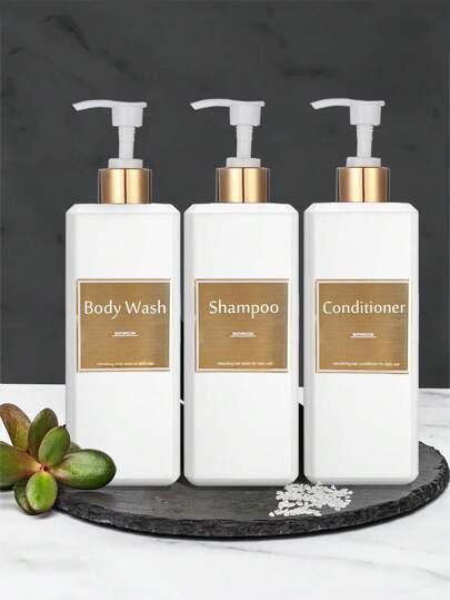 500ml/16.9oz Shampoo Dispenser Press Pump Bottle With Gold Waterproof Labels Bathroom Shampoo Conditioner Body Wash Bottles-White Home Bathroom Decor Fall Decor Back To School