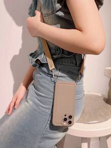 素色針線質感紋理寬懸掛繩索防震手機外殼適用於iphone - 咖啡棕 - 查看 1