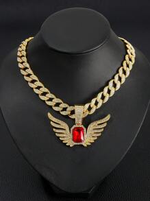 1pc Men's Rhinestone And Gemstone Decor Wing Pendant Necklace In Alloy, American Style - Dark Green - View 3