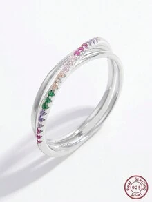 Vaerine 1pc Magnificent, Elegant & Classic Fashion 925 Silver Ring With Asymmetrical Cross Design & Cz Decor, Perfect For Women's Dating To Show Charm, As A Gift - Silver - View 3