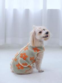 1pc Lamb Wool Cute Floral Chic Color Block Vest Coat With Back Button Closure And Pocket Design. Suitable For Small/medium Sized Cats And Dogs To Wear For Outdoor/indoor Activities In Fall And Winter - Orange - View 2