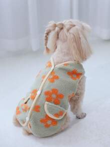 1pc Lamb Wool Cute Floral Chic Color Block Vest Coat With Back Button Closure And Pocket Design. Suitable For Small/medium Sized Cats And Dogs To Wear For Outdoor/indoor Activities In Fall And Winter - Orange - View 1